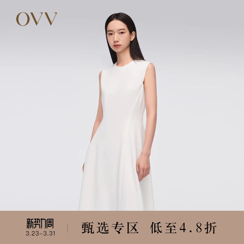 OVV春夏热卖女装三醋酸面料经典A字无袖连衣裙小白裙
