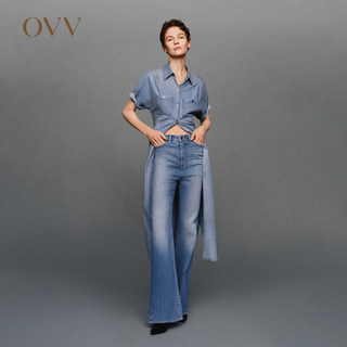 OVV2024春夏新款女装天丝牛仔休闲随附腰带舒适短袖连衣裙