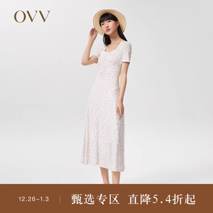 女装 OVV春夏热卖 方领修身 长款 连衣裙 短袖 小雏菊印花