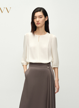 【重磅真丝】OVV2025春夏新款女装淡人22MM鬼绉优雅圆领衬衫
