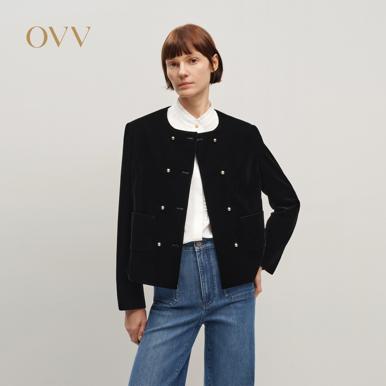 OVV2025秋冬新款女装经典圆领丝绒奢华光泽正肩夹克外套