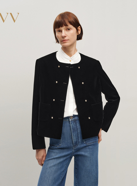 OVV2025秋冬新款女装经典圆领丝绒奢华光泽正肩夹克外套