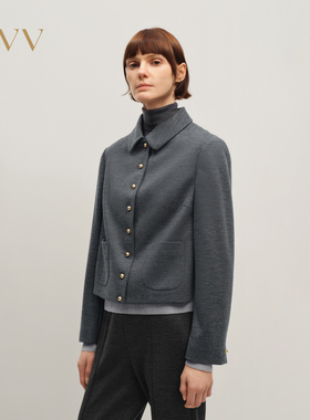 OVV2025秋冬新款女装翻领金球扣带贴袋直筒羊毛夹克外套