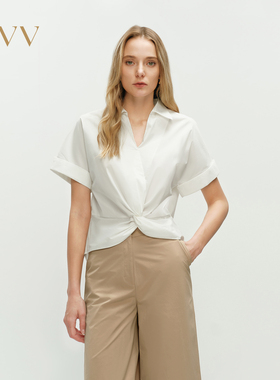 OVV2025春夏新款女装淡人前门襟扭结设计一体落肩白色休闲衬衫