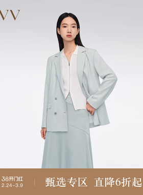 OVV春夏热卖女装经典双排扣平驳领醋酸仿麻西服外套