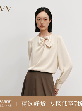 OVV秋冬热卖女装缎面醋酸肌理感圆领扭结设计长袖衬衫
