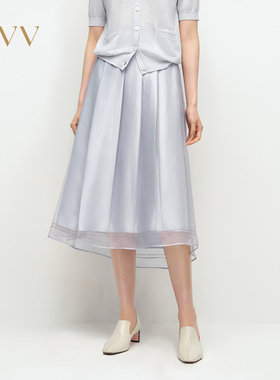 OVV2025春夏新款女装淡人日本进口光泽感涤纶面料大裙摆半裙