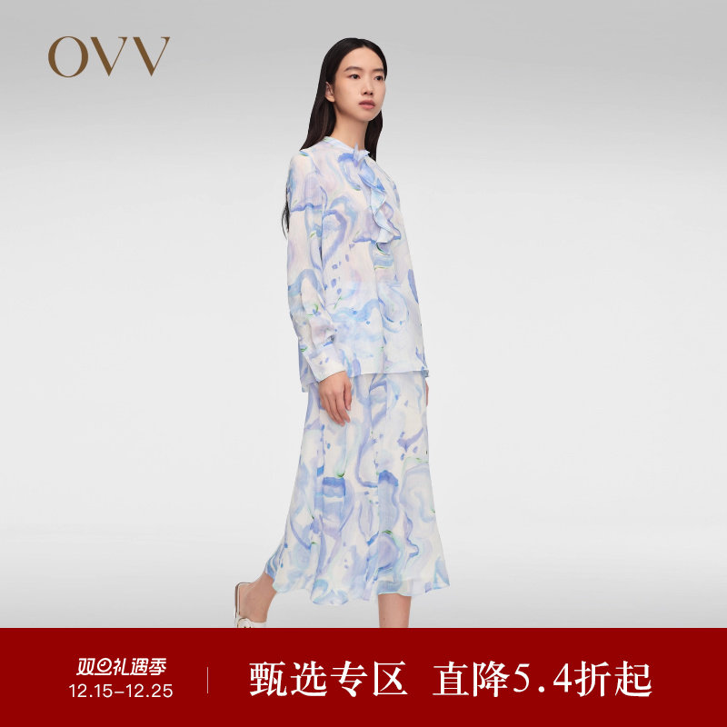【抽象笔刷印花】OVV春夏热卖女装飘带雪纺衫长袖衬衫