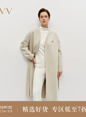 OVV秋冬热卖女装简约舒适无领随附腰带羊毛双面呢大衣