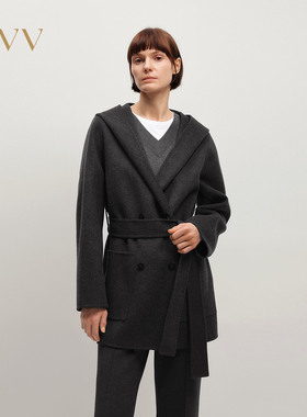 OVV2025秋冬新款女装双排扣大翻领连帽中长休闲羊毛大衣