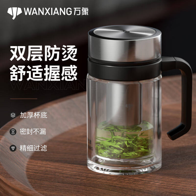 万象(WANXIANG)双层玻璃杯带把过滤网茶杯360ml办公室泡茶喝水