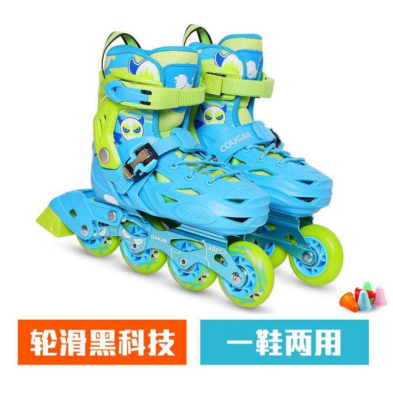 美洲狮溜冰鞋儿童平花鞋轮滑鞋可调男女直排旱冰鞋蓝色1双鞋S(可