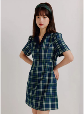 【恋】法式小众短袖连衣裙格纹拼接E67-EEOWC63K1I0