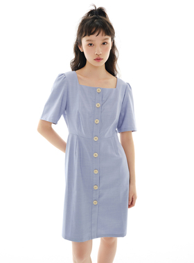 【恋】女装连衣裙简约小方领百搭收腰显瘦优雅舒适时尚日常E572