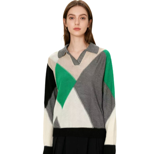 D玛纳 DMA533 翻领拼色长袖 菱形休闲风毛衣优雅女款 DMA910 线衫