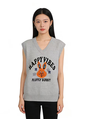 SP系列-灰色可爱兔子印花无袖上衣P599