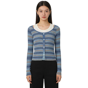 圆领针织衫 假两件休闲风条纹常规款 女士线衫 DMA1175 D玛纳