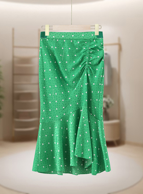【MB】时尚休闲半身过膝裙荷叶不规则设计褶皱碎花MB1519