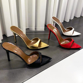 女 高跟鞋 2025新款 露趾尖头漆皮细跟一字拖女夏性感黑色外穿凉拖鞋