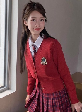 秋冬季新款短款jk慵懒学院风毛衣开衫上衣圣诞新年红色百搭针织衫