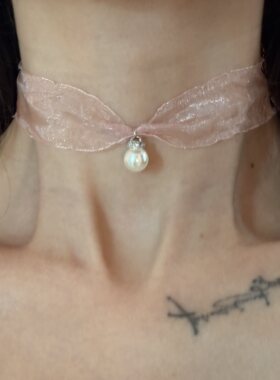 [楼哈哈]超仙纯欲白月光粉色宽边蕾丝项链choker珍珠少女颈带甜美