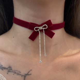 [楼哈哈]红色丝绒蝴蝶结流苏choker项圈气质锁骨链短款颈链新年