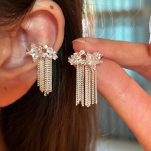 [楼哈哈]锆石爆闪星星短款流苏耳夹耳廓无耳洞耳饰富家千金耳骨夹