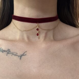 [楼哈哈]红色丝绒choker颈带巨显白气质锁骨链项圈礼服流苏颈链女