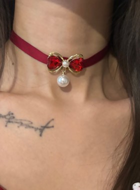 [楼哈哈]红色项链配饰水晶蝴蝶结珍珠吊坠choker短款新年锁骨链女