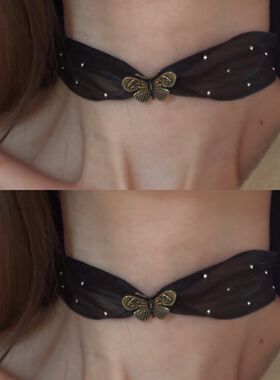 [楼哈哈]黑色蕾丝蝴蝶短款项圈女choker锁骨链复古小众丝带项链