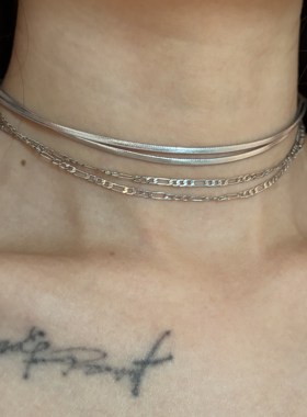 [楼哈哈]银色皮革链条choker细款日常百搭锁骨链多层颈带项圈脖链