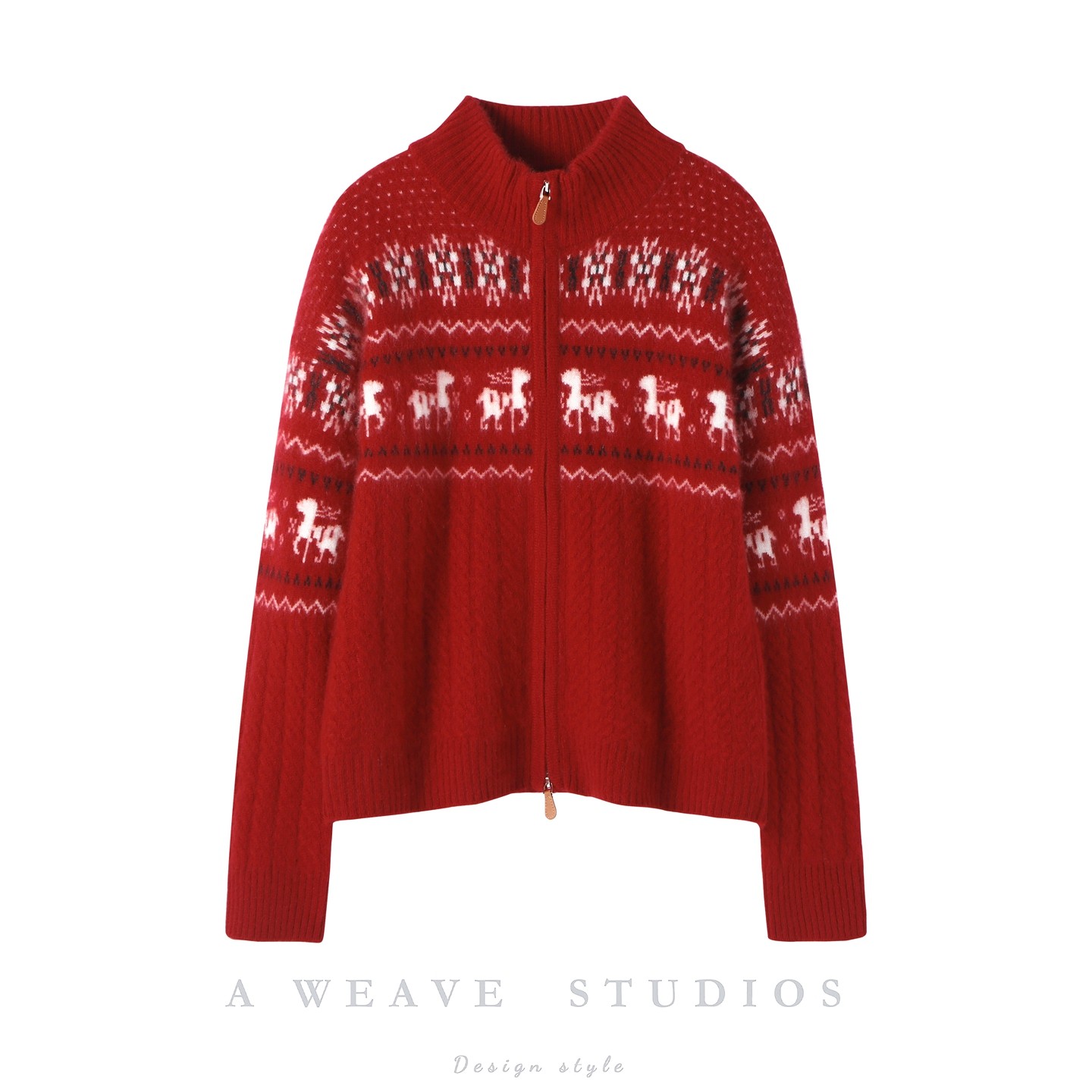 费尔岛风红色提花山羊绒开衫女立领拉链加厚针织衫复古高级感毛衣