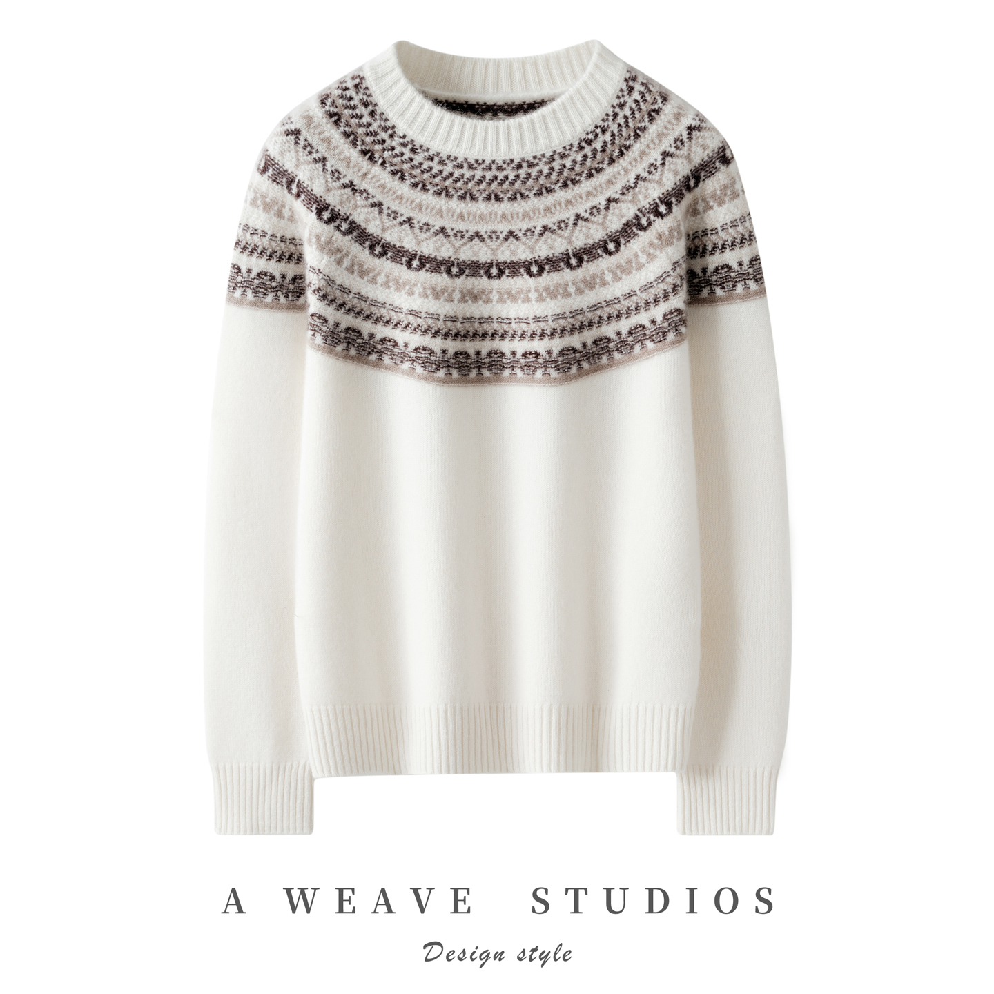 轻奢秋冬圆领复古提花100%羊绒衫