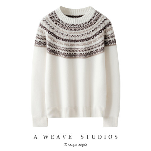 轻奢秋冬圆领复古提花100%羊绒衫