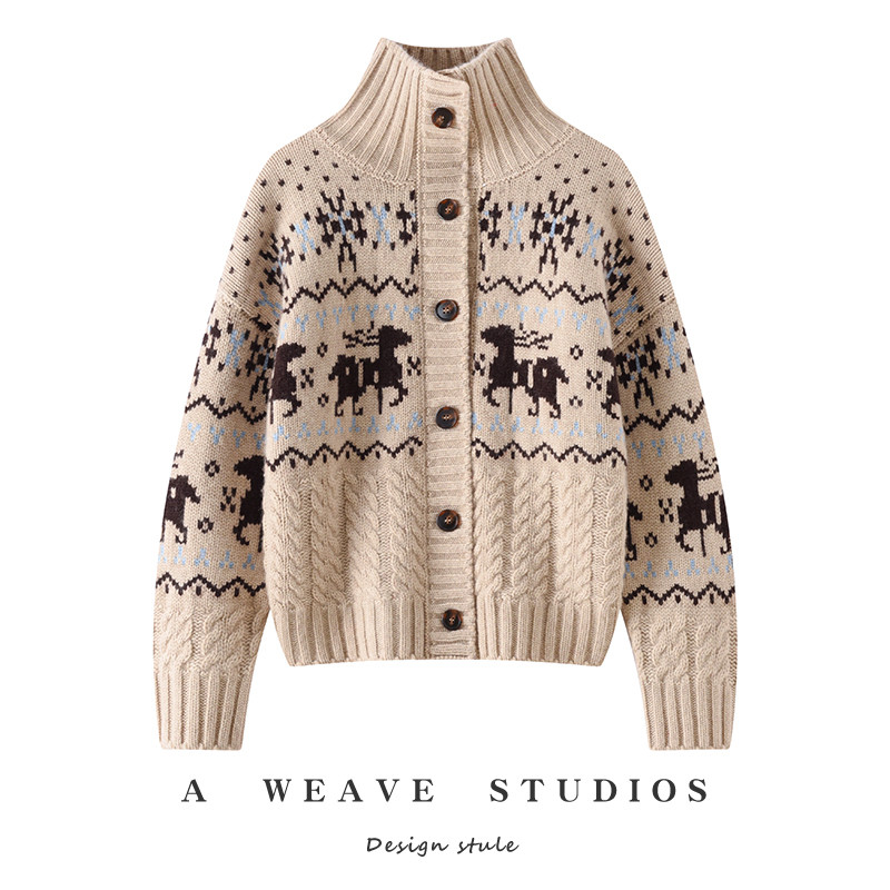 重磅秋冬高领加厚提花拼色山羊绒开衫女轻奢毛衣气质复古毛衣外套,女装/女士精品,羊绒衫,淘宝优惠券,粉丝福利购,淘宝优惠卷