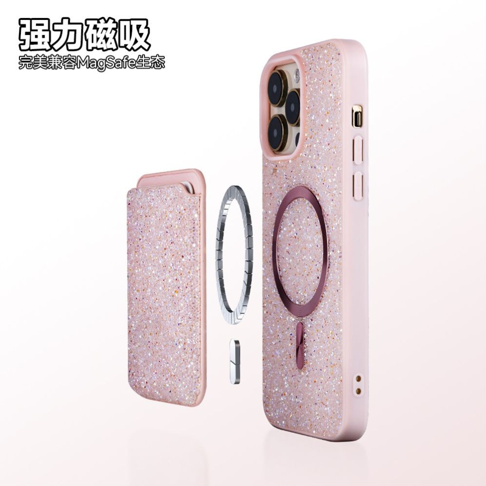 跨境新款闪粉碎钻磁吸卡包适用苹果iPhone16卡包手机壳定制logo