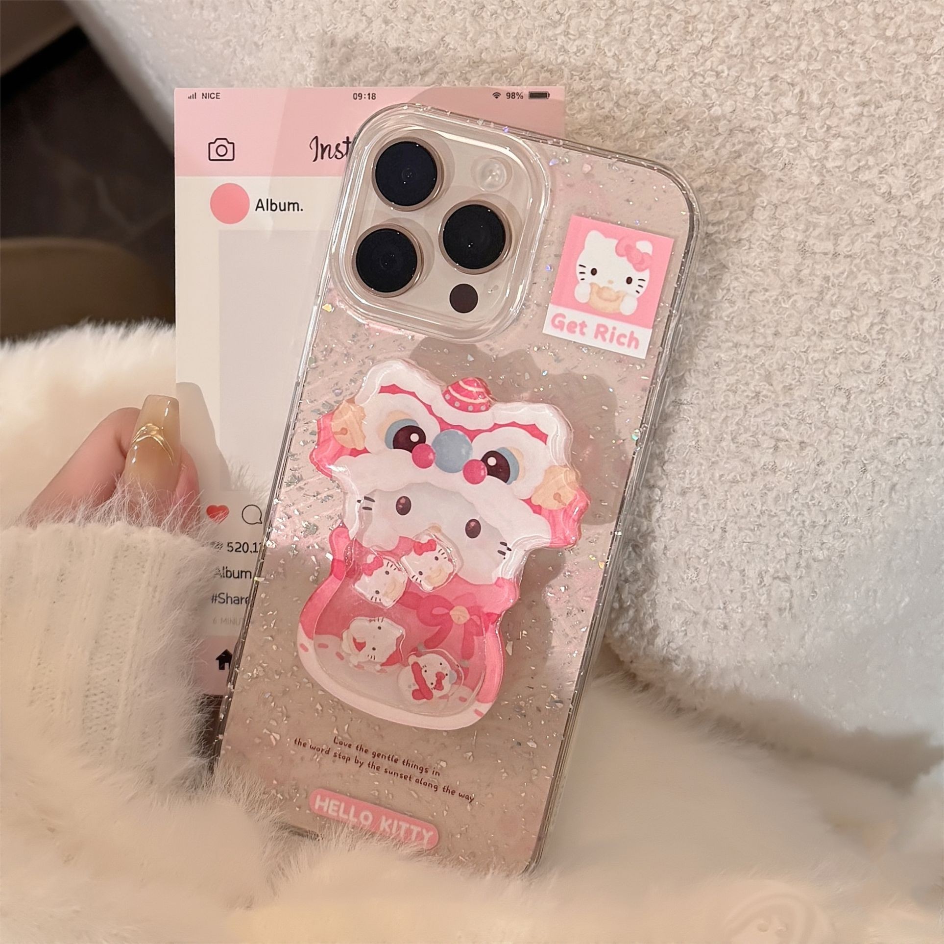闪粉适用苹果16promax手机壳15粉色舞狮猫咪iphone14摇摇乐支架11