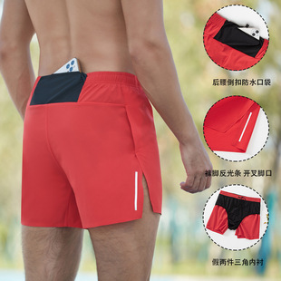 跑步运动短裤后腰防水手机口袋男宽松马拉松训练三分裤带三角内衬
