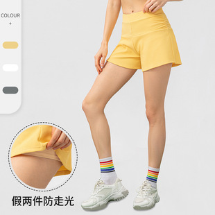 户外跑步健身三分裤假两件宽松运动短裤女防走光高腰瑜伽裤带内衬