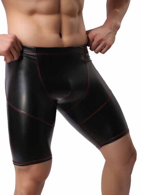 男士黑色仿皮健身短裤弹力紧身五分裤防水内裤沙滩裤田径运动皮裤