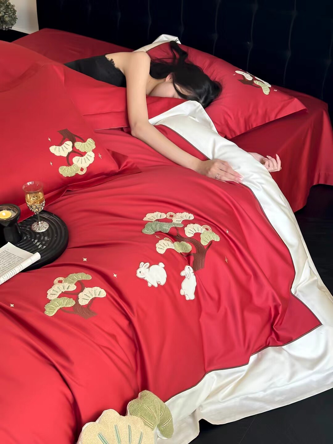红色婚庆床上四件套100S长绒棉婚房全棉刺绣喜被套轻奢风结婚床品