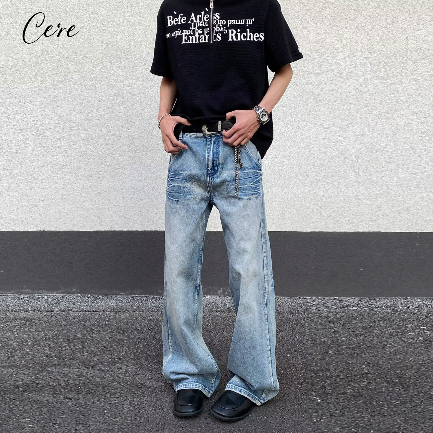 水洗牛仔裤男宽松直筒立体牛仔裤