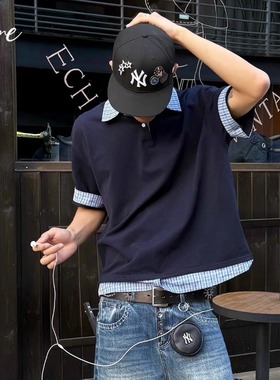藏蓝色假两件拼接格纹polo领短袖衬衫t恤miu系男女上衣潮复古