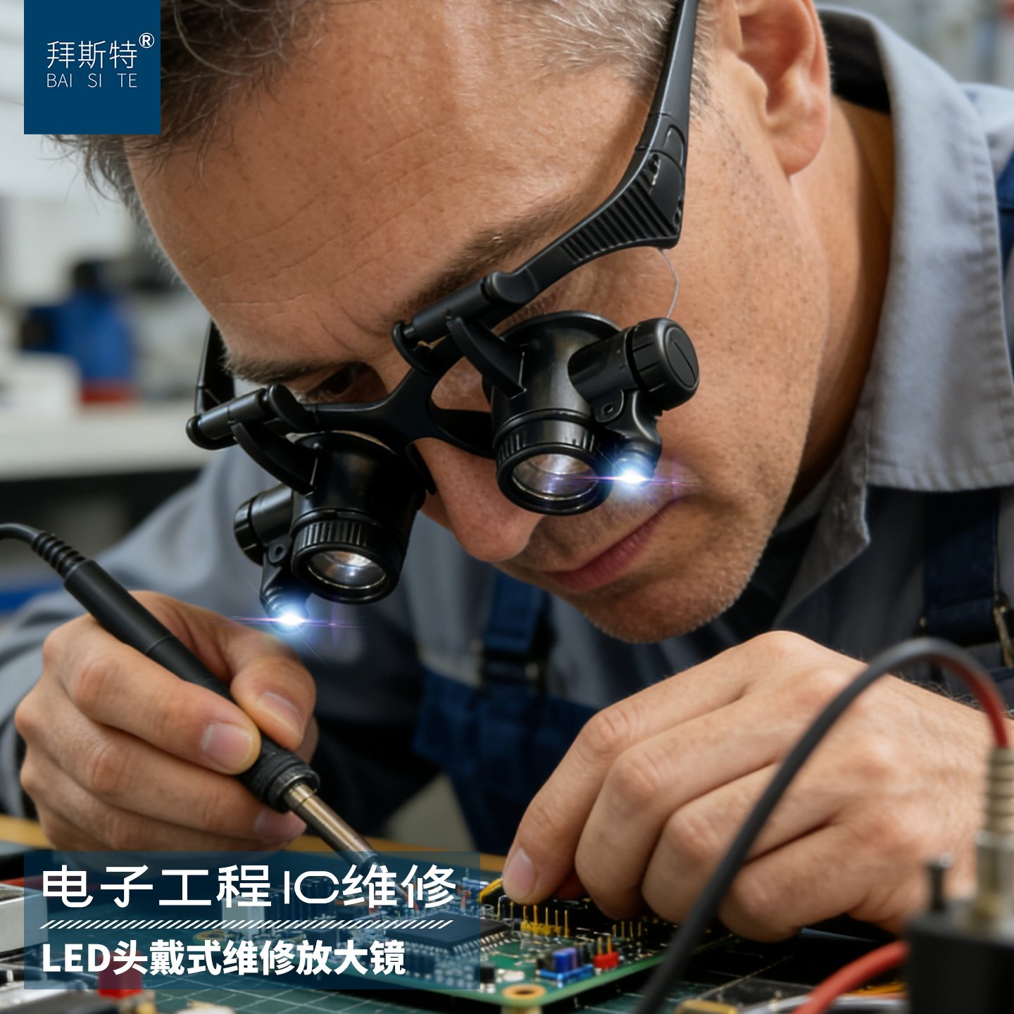 拜斯特头戴眼镜式维修放大镜带LED灯双眼8组目镜钟表机械电路维修