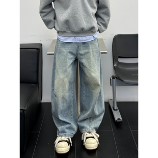 孙聖云啊雲 浅蓝磨白弯刀牛仔裤阔腿休闲百搭长裤美式直筒休闲裤