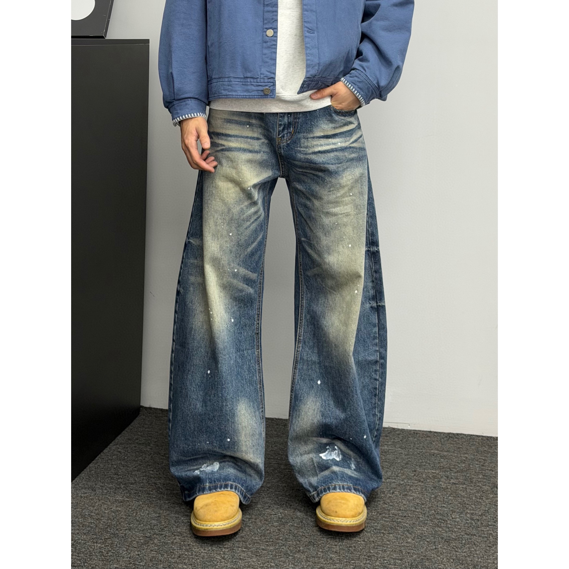 泼墨弯刀牛仔裤水洗小众垂感