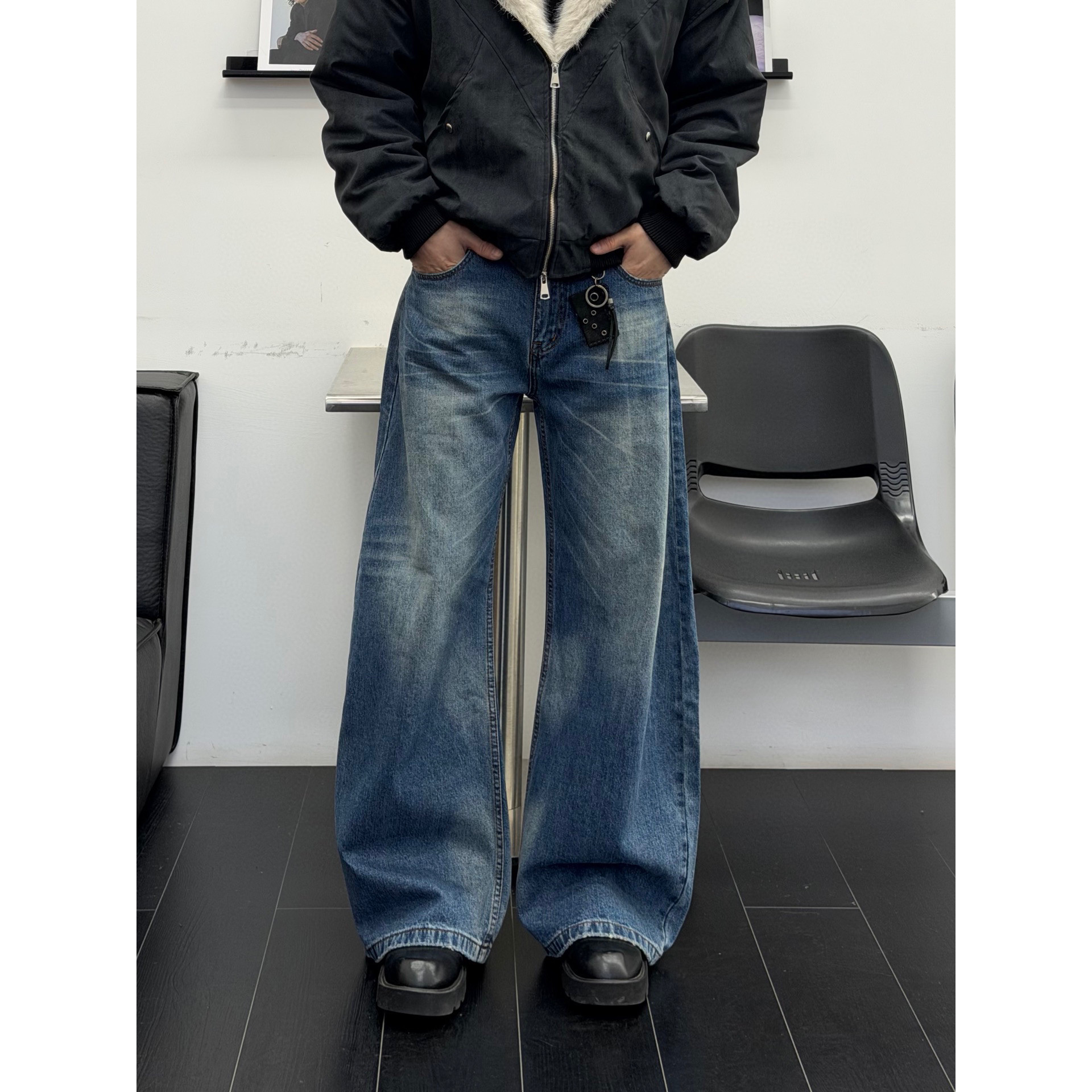 AYUN Studio 孙聖云石头磨白牛仔裤宽松阔腿弯刀直筒休闲情侣百搭,男装,牛仔裤,淘宝优惠券,粉丝福利购,淘宝优惠卷