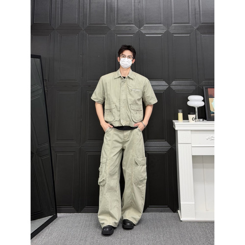 短款工装套装双口袋垫肩外套