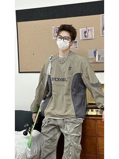 孙聖云啊雲 灰绿色网眼卫衣个性美式美潮复古休闲字母圆领街头帅