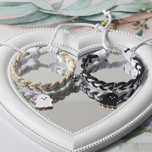 原创双色黑白幽灵编织磁吸情侣手链一对送男友高颜值闺蜜手绳手串